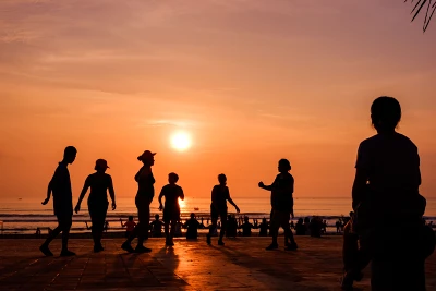 AI generated people at beach sunset silhouette - romantic beach art
